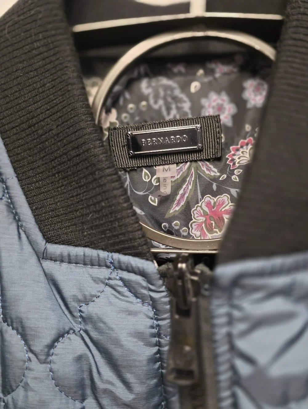 Bernardo Womens Reversible Floral Quilted Bomber Jacket Reverse Blue/gray M